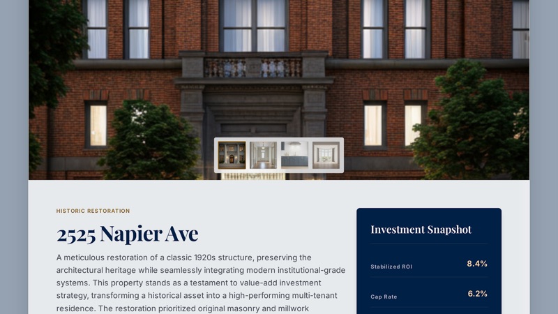 Property page for 2525 Napier Ave: brick facade, restoration story and an investment snapshot panel.